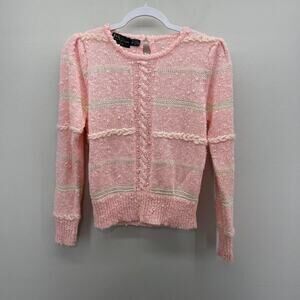 VTG Le Sah Petites Knit Sweater Womens Small Pink Cream Puffy Dainty Cottagecore